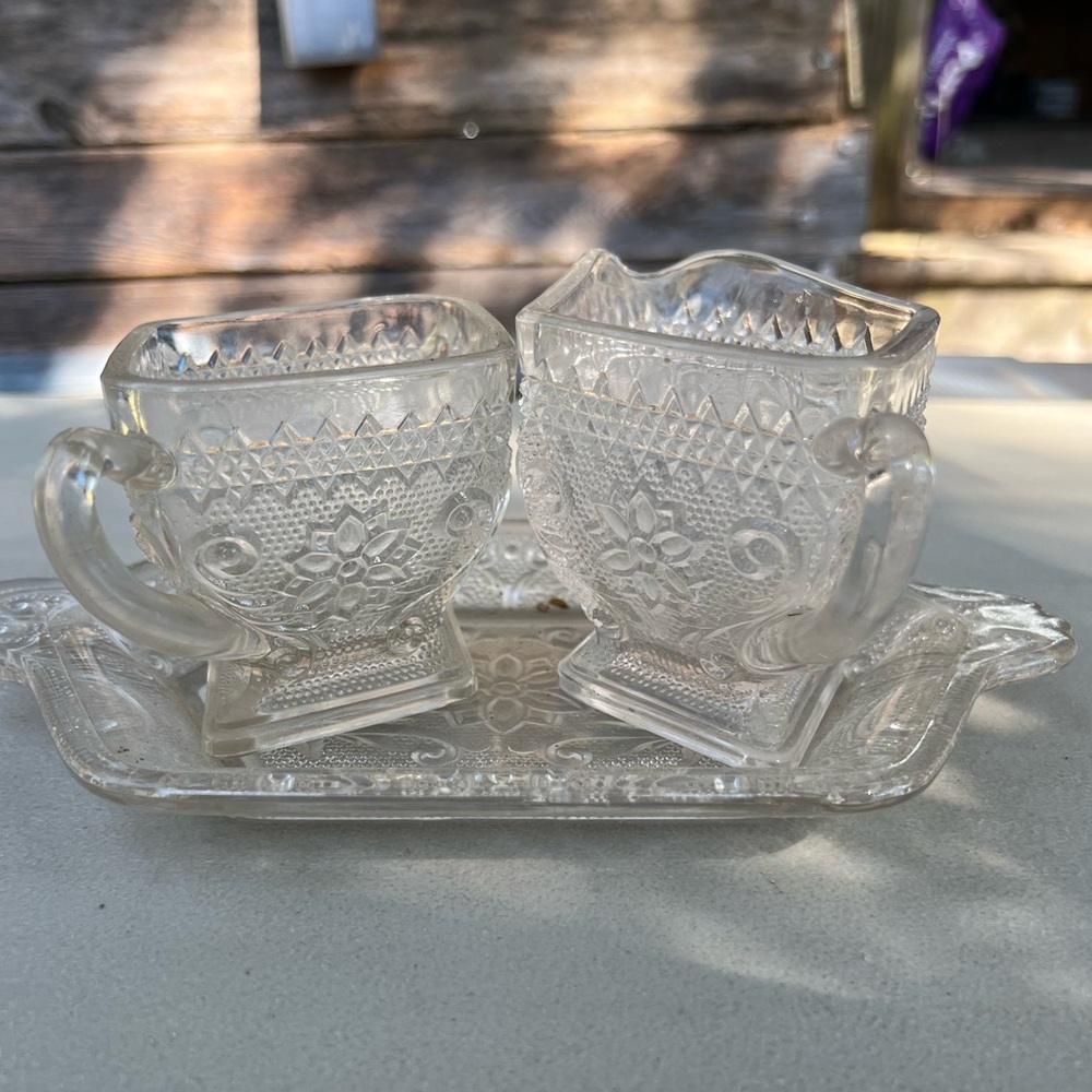 Vintage INDIANA GLASS Clear Diamond Shape CREAMER & SUGAR Sandwich Pattern